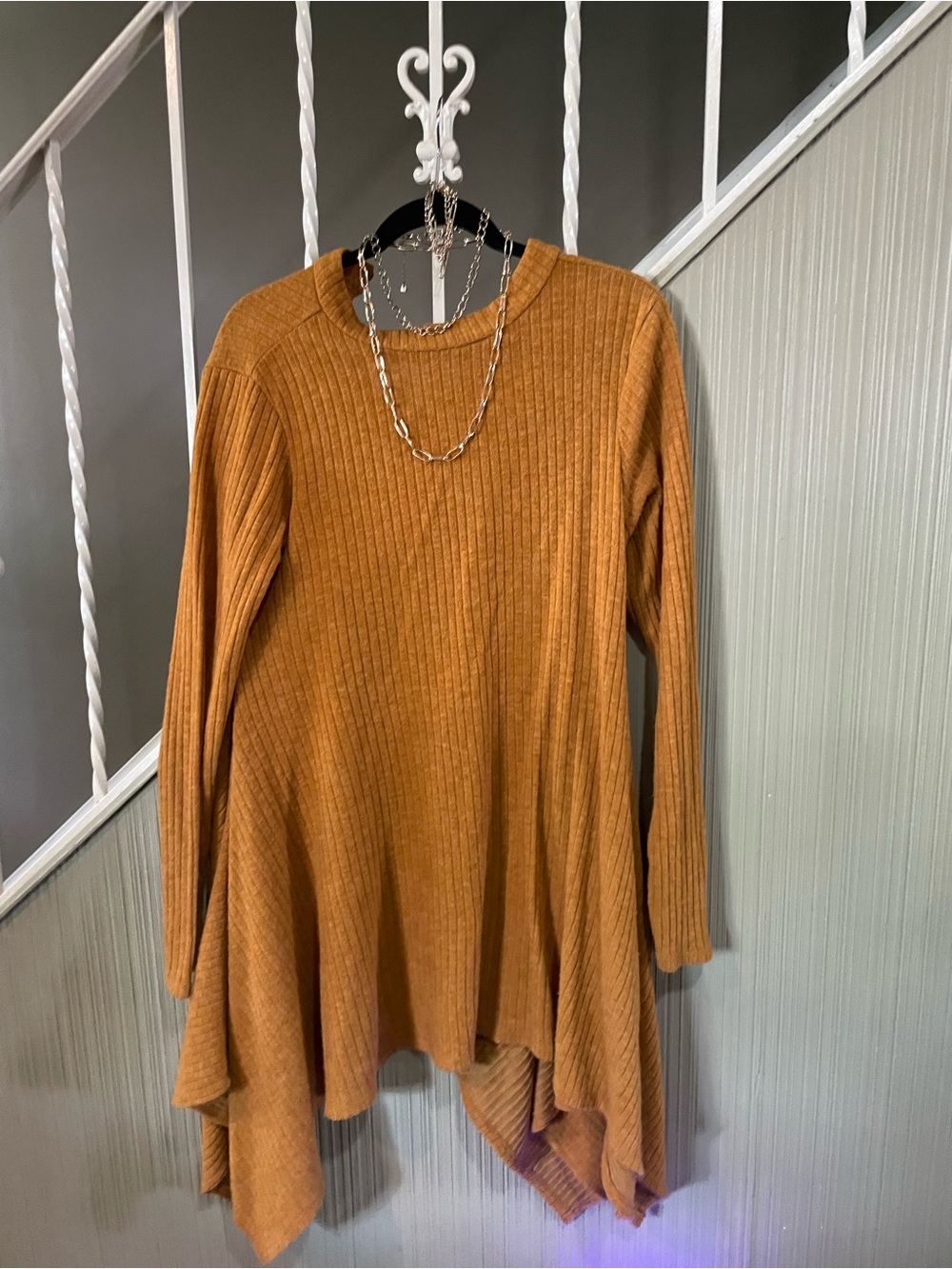 Long-Sleeve Ribbed Swing Dress in Mustard Gold